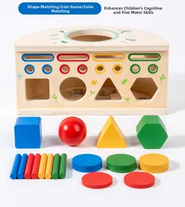 Detailed view of Montessori wooden box with colorful geometric blocks and shape sorting slots