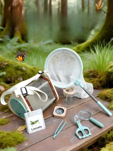 Detailed outdoor insect exploration kit with wooden cage, net, and nature tools