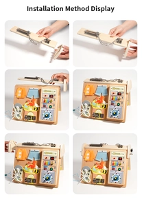 Detail view of the six-step installation method for the wooden sensory busy board toy