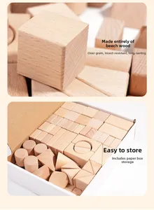 Macro shot of natural beech wood blocks showing texture and organized paper box storage