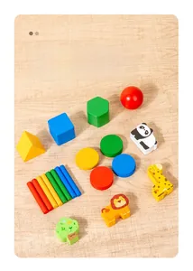 Detailed view of colorful wooden geometric blocks, counting sticks, and animal figures for kids
