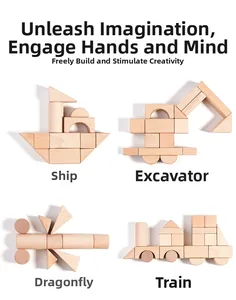 Detail of wooden building blocks showing models of a steamboat, excavator, dragonfly, and train