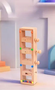 Detailed view of natural wooden marble run tower with colorful beads and rotating knobs