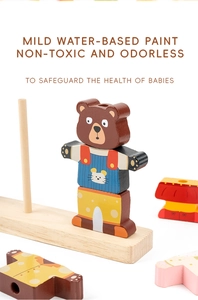 Detail of eco-friendly wooden bear stacking toy featuring non-toxic water-based paint