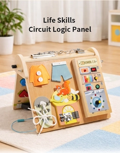 Close-up of wooden Montessori busy board featuring circuit logic panel and colorful switches