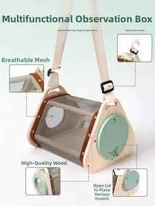 Detail view of wooden insect observation box with mesh net and adjustable strap