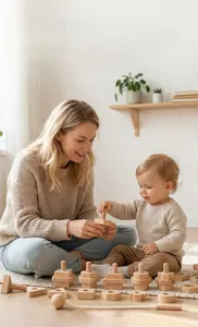 Close-up of wooden nut and bolt toy set for fine motor skills and cognitive learning