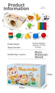 Detailed size specifications for Montessori wooden shape sorter box and animal blocks