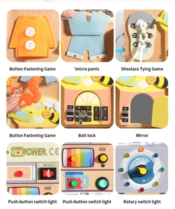 Macro detail of wooden busy board sensory modules including zippers, buttons and LED light switches