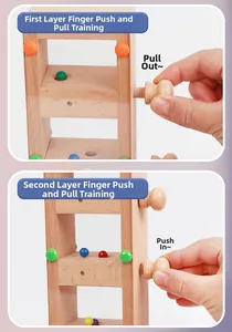 Close-up of wooden Montessori toy showing push-pull rods and colorful balls for motor skills