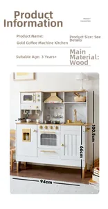 Detail view of premium wooden play kitchen with coffee machine and golden accessories