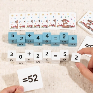 Educational wooden math cubes with number cards for early learning and arithmetic play