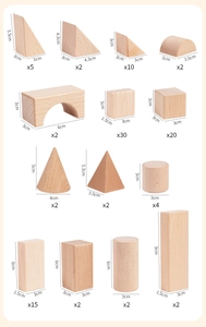 Detail view of various geometric wooden blocks with dimensions and quantity labels