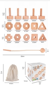 Detail view of large wooden Montessori nut and bolt shapes with lacing string and bag