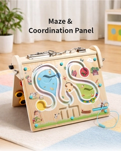 Detailed macro view of wooden maze coordination board with farm theme and colorful beads