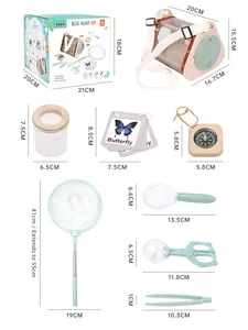 Detailed view of kids bug hunt kit tools with precise size measurements and wooden elements