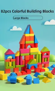 Detail of 82-piece large wooden building blocks in various colors and shapes for kids