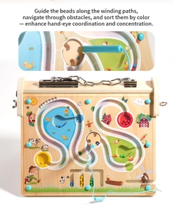Detailed macro view of farm themed wooden magnetic maze toy for kids color sorting skills