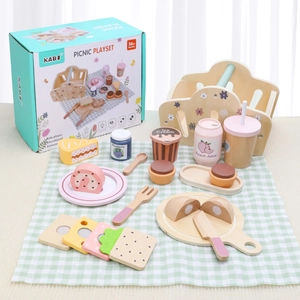 Jouets de Pique-nique en Bois pour Enfants Jeu de Rôle Thé de l'Après-midi Dessert Gâteau Théière Panier Jouets Éducatifs