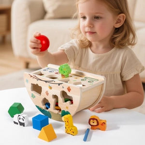 Montessori wooden balance boat sorter toy for toddler color and shape recognition