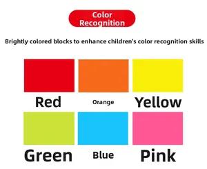 Educational wooden building blocks showcasing red, orange, yellow, green, blue, and pink colors