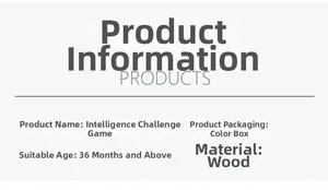 Detailed specifications card for wooden puzzle game showing age and material details