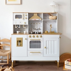 Deluxe white and gold wooden play kitchen set for kids with realistic toy stove and utensils