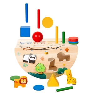 Multifunctional Montessori wooden balance blocks with geometric shapes and animal patterns