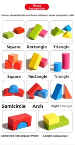 Detailed grid layout showing various colorful geometric wooden blocks for kids