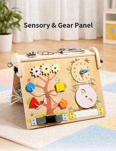Macro view of wooden busy board featuring gear panels and sensory educational tools
