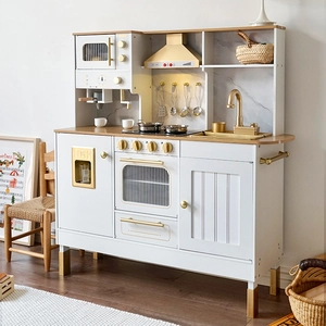 Modern white and gold wooden play kitchen set for kids with realistic oven and sink
