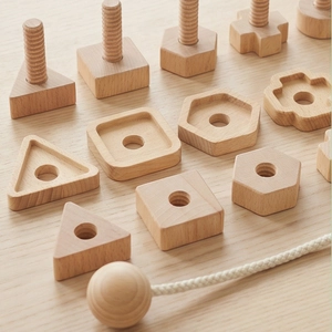 Montessori wooden screw and nut threading toy for fine motor skills development