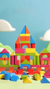 Detailed view of colorful geometric beech wood blocks arranged in a castle shape