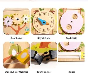 Detailed close-up of wooden busy board featuring gears, clock, zippers and buckles