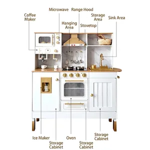 Elegant white and gold wooden play kitchen set with microwave, stove and accessories
