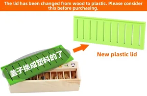 Detail of wooden Montessori sorting box featuring animal patterns and a new plastic lid