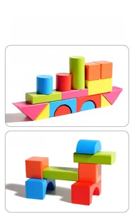 Macro shot of colorful beech wood blocks shaped as a ship and a dog for kids' play