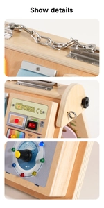 Detail view of wooden busy board showing metal chain lock, power switch and LED control buttons