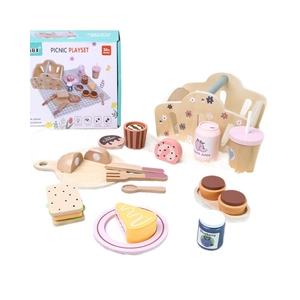 Panier de pique-nique en bois pour enfants avec aliments factices et accessoires de jeu