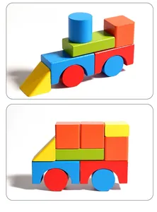 Detailed wood grain of colorful wooden blocks assembled into toy bulldozer and truck