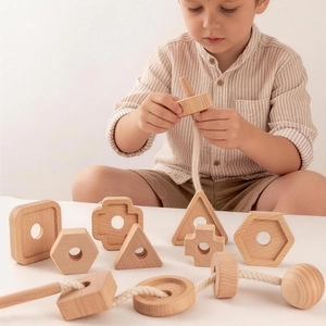 Educational wooden shape threading toy for toddler fine motor skills development