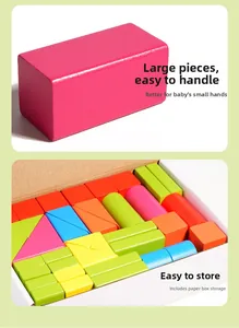 Close-up of large colorful wooden building blocks with storage box for toddlers