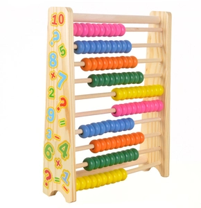 Close-up of wooden abacus side panel with colorful numbers and math symbols