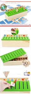 Detail view of Montessori wooden sorting box with various educational flashcards