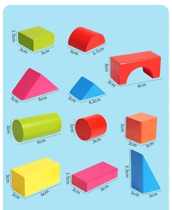 Detailed size chart for various geometric wooden blocks including cylinders and cubes