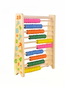Macro view of wooden abacus showing colorful beads and side printed math symbols