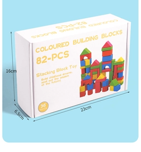 Detailed packaging showing dimensions of 82-piece colored wooden building blocks set