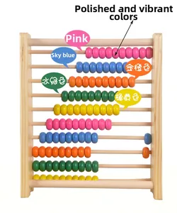 Macro detail of polished wooden abacus frame with colorful beads for math learning