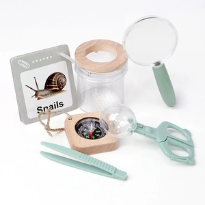 Kids outdoor bug catcher set with wooden viewer, magnifying glass, tweezers and compass