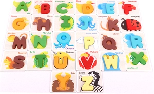 Detailed view of 26 alphabet wooden puzzle cards with colorful animals for preschool learning